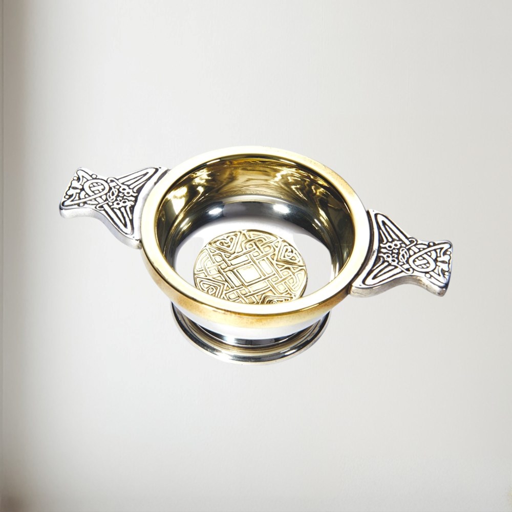 Small Celtic Gold Pewter And Brass Quaich Small Celtic Gold Pewter And Brass Quaich