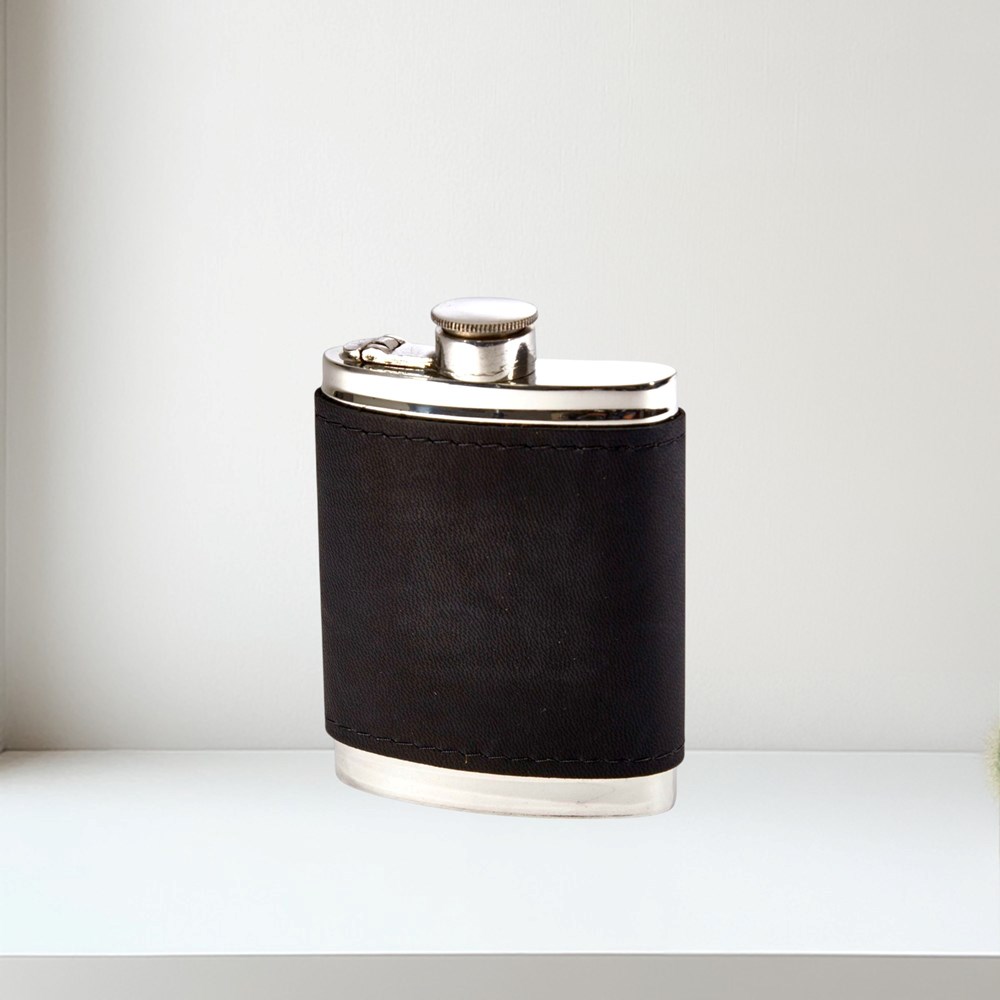 6oz Black Raven Leather Captive Top Pewter Flask 6oz Black Raven Leather Captive Top Pewter Flask