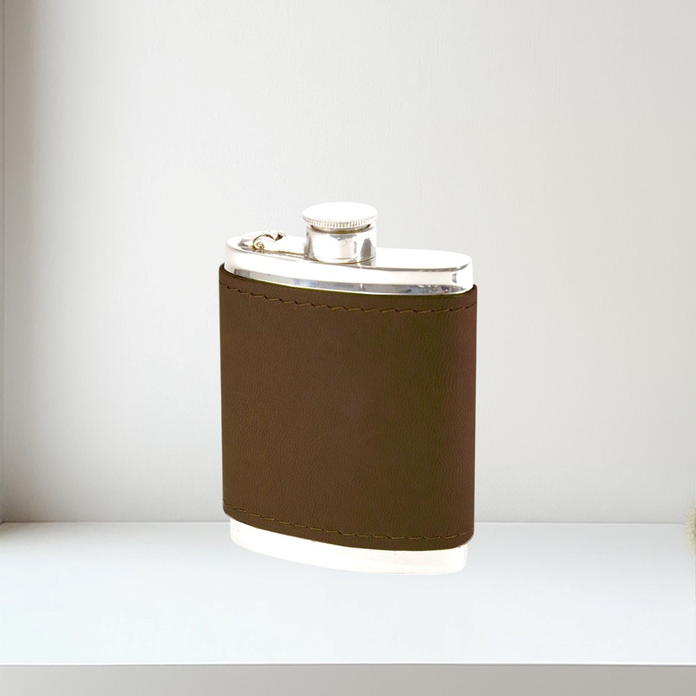 6oz Bourneville Leather Captive Top Pewter Flask