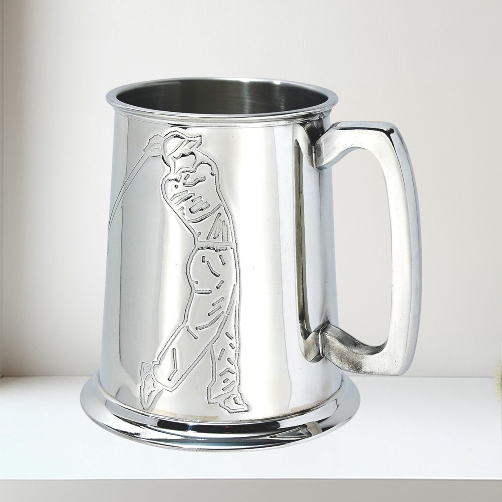 Embossed Golfer 1 pint pewter Tankard