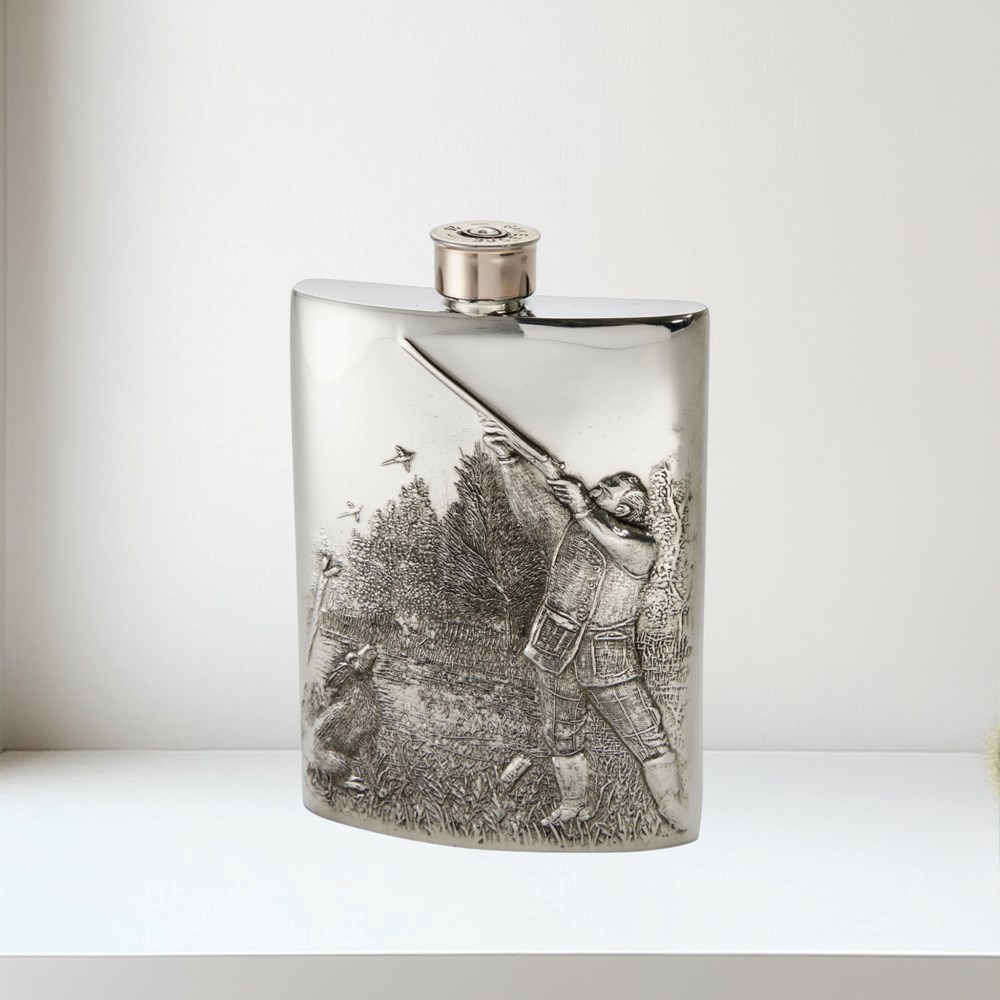 3oz Embossed Shooting Top Pocket Flask 3oz pewter kidney spirit flask