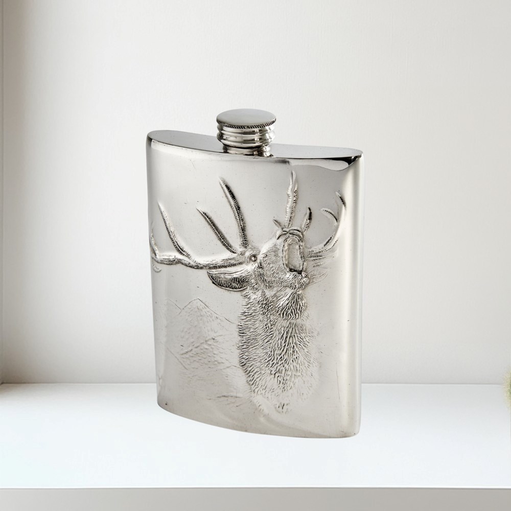 3oz Embossed Roaring Stag Top Pocket Flask 3oz pewter kidney spirit flask
