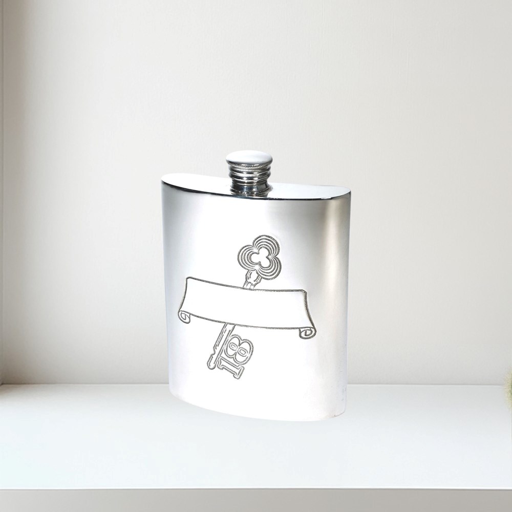 18 key and scroll pewter kidney flask