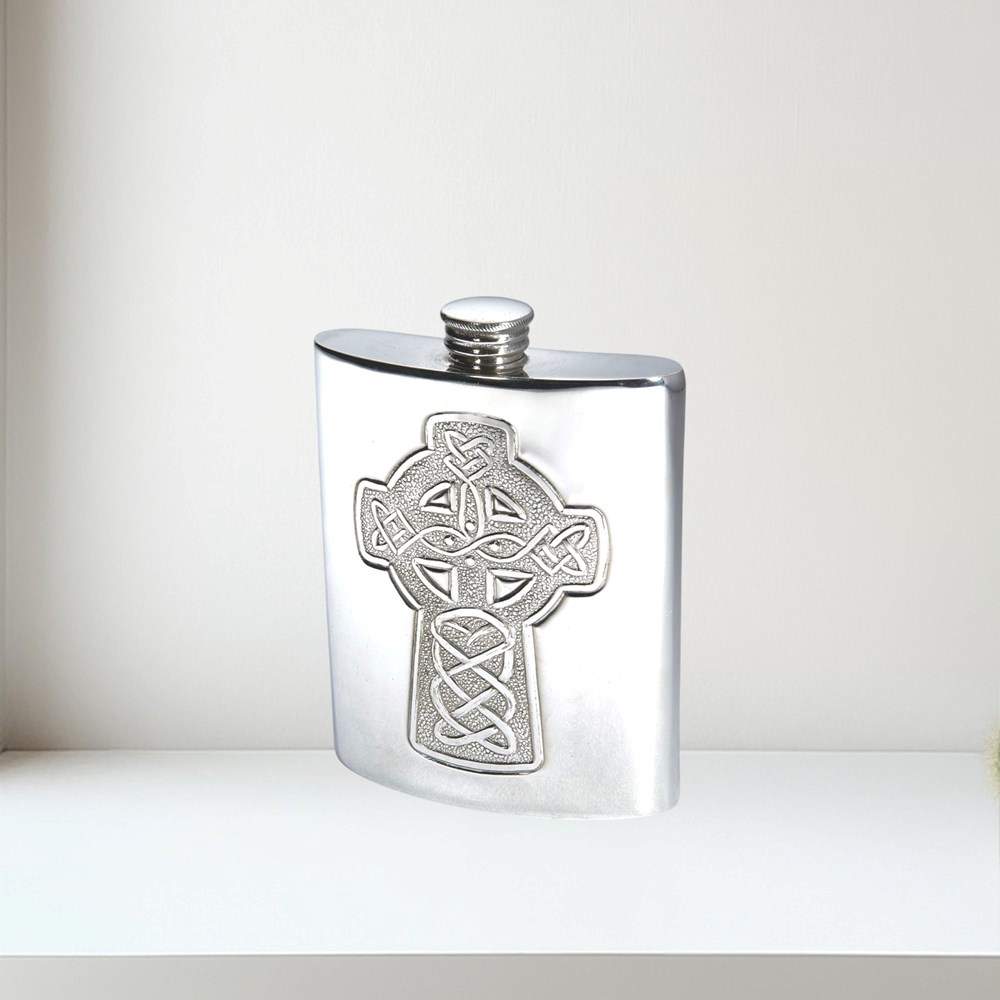 Celtic Cross Embossed Pewter Kidney Flask 4756CC Celtic Cross Pewter Flask