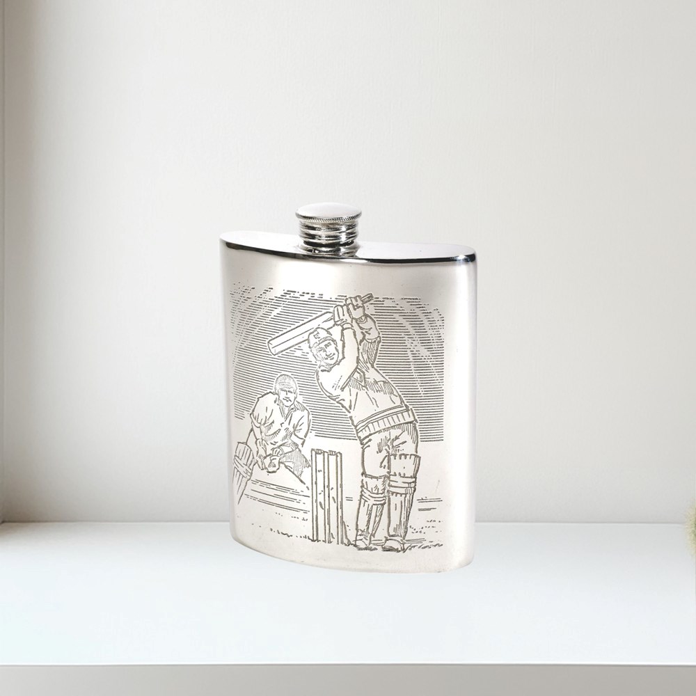 6oz Cricket Scene Pewter Kidney Hip Flask 6oz Cricket Scene Pewter Kidney Hip Flask