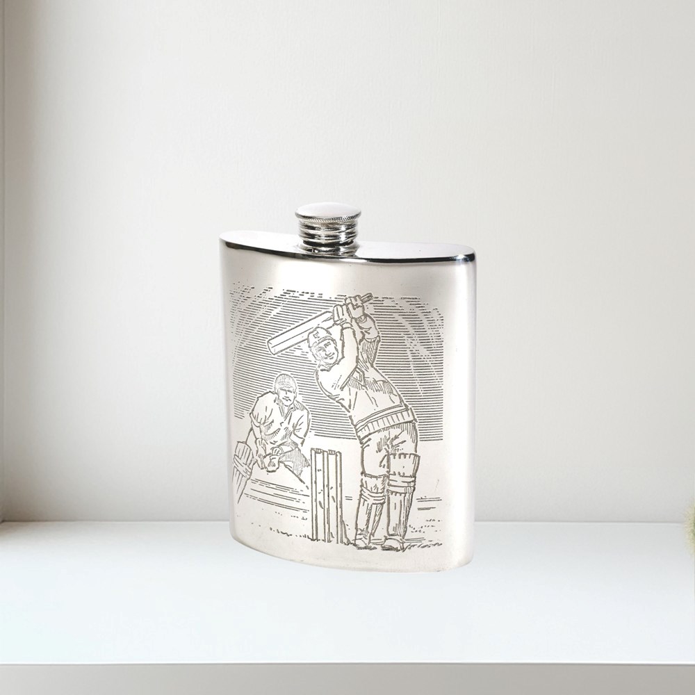 6oz Cricket Scene Pewter Kidney Hip Flask 6oz Cricket Scene Pewter Kidney Hip Flask
