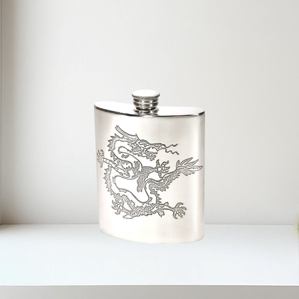 Chinese Dragon Pewter Kidney Hip Flask