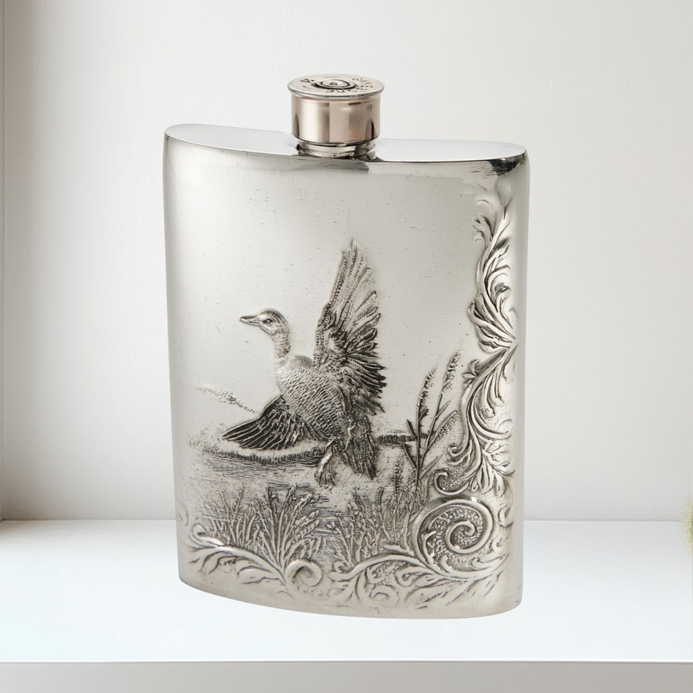 6oz Embossed Mallard Flask 6oz Mallard Pewter Kidney Hip Flask