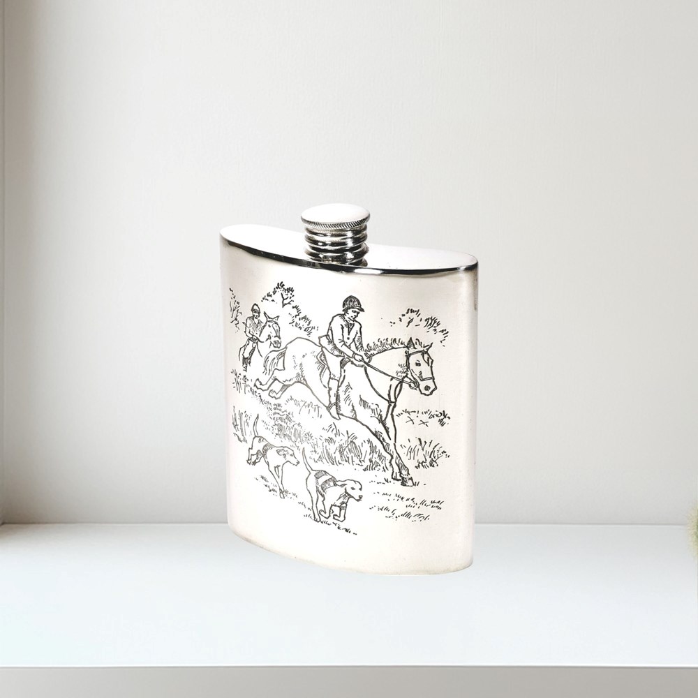 6oz Hunting Scene Pewter Kidney Hip Flask 6oz Hunting Scene pewter kidney hip Flask