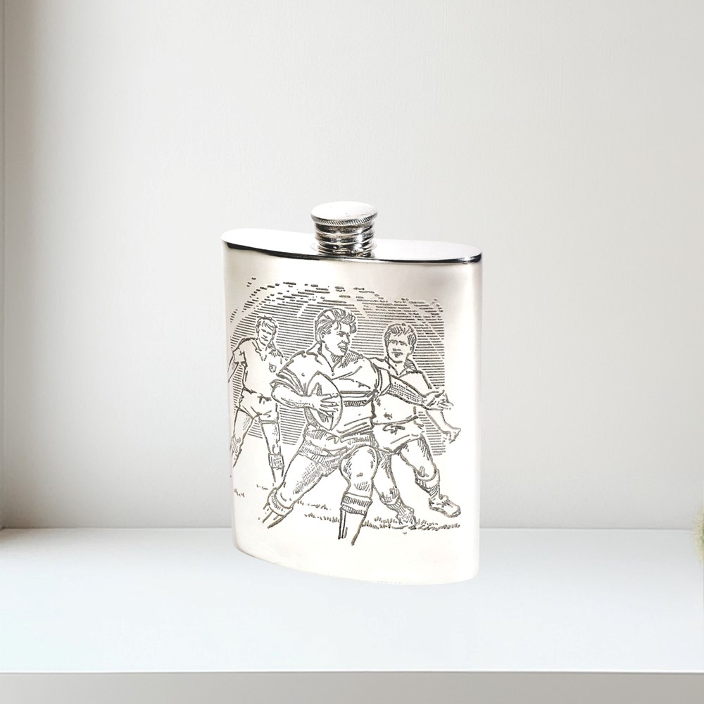 6oz Rugby Scene Pewter Kidney Hip Flask 6oz Rugby Scene Pewter kidney Hip Flask
