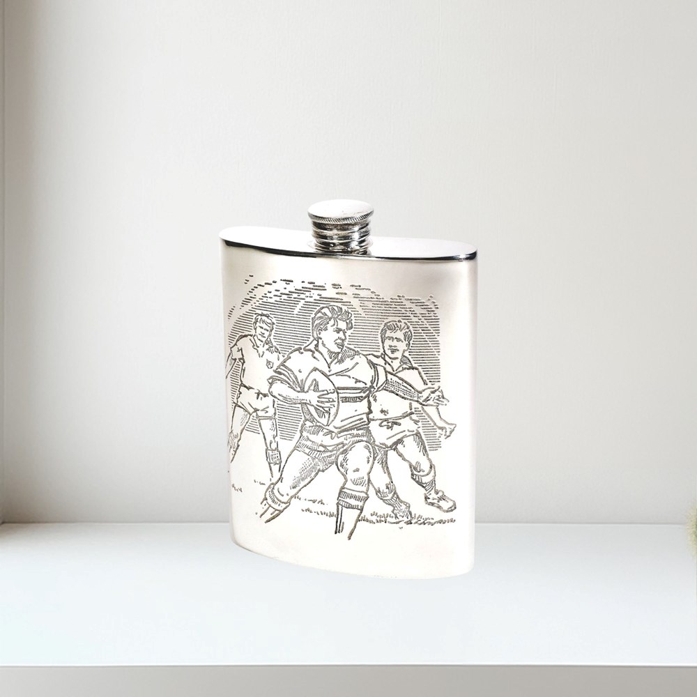 6oz Rugby Scene Pewter kidney Hip Flask