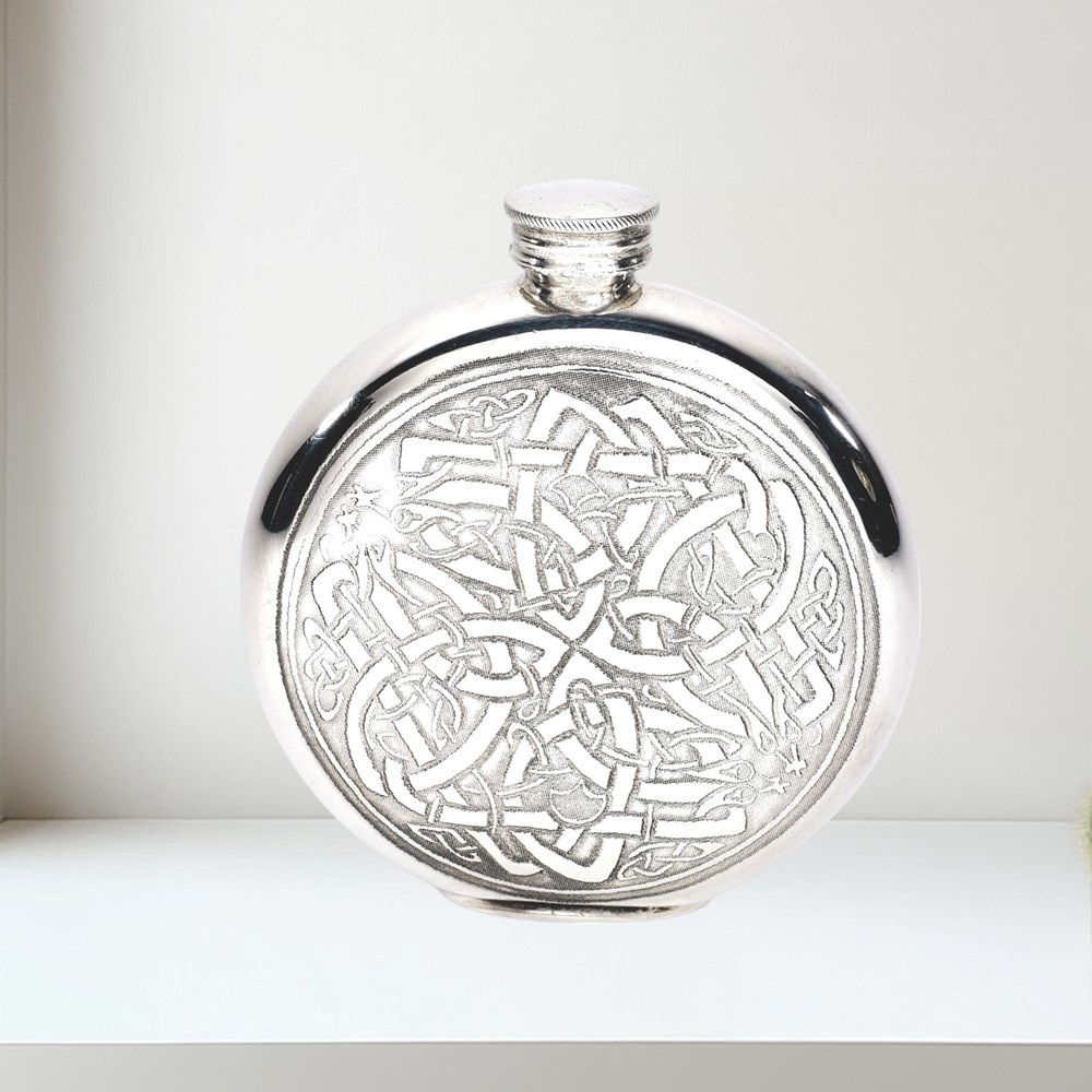 6oz Round Pewter Celtic Flask 6oz round pewter celtic flask