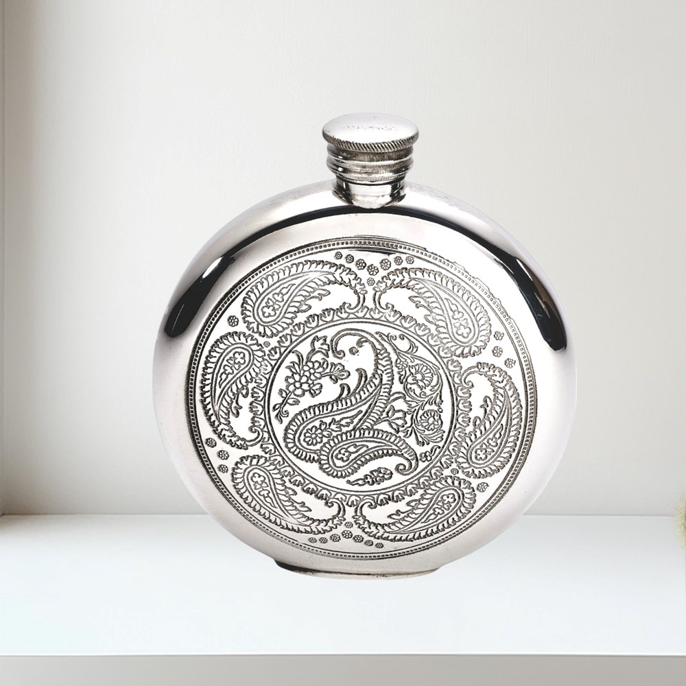6oz Round Pewter Paisley Flask 6oz round pewter paisley flask
