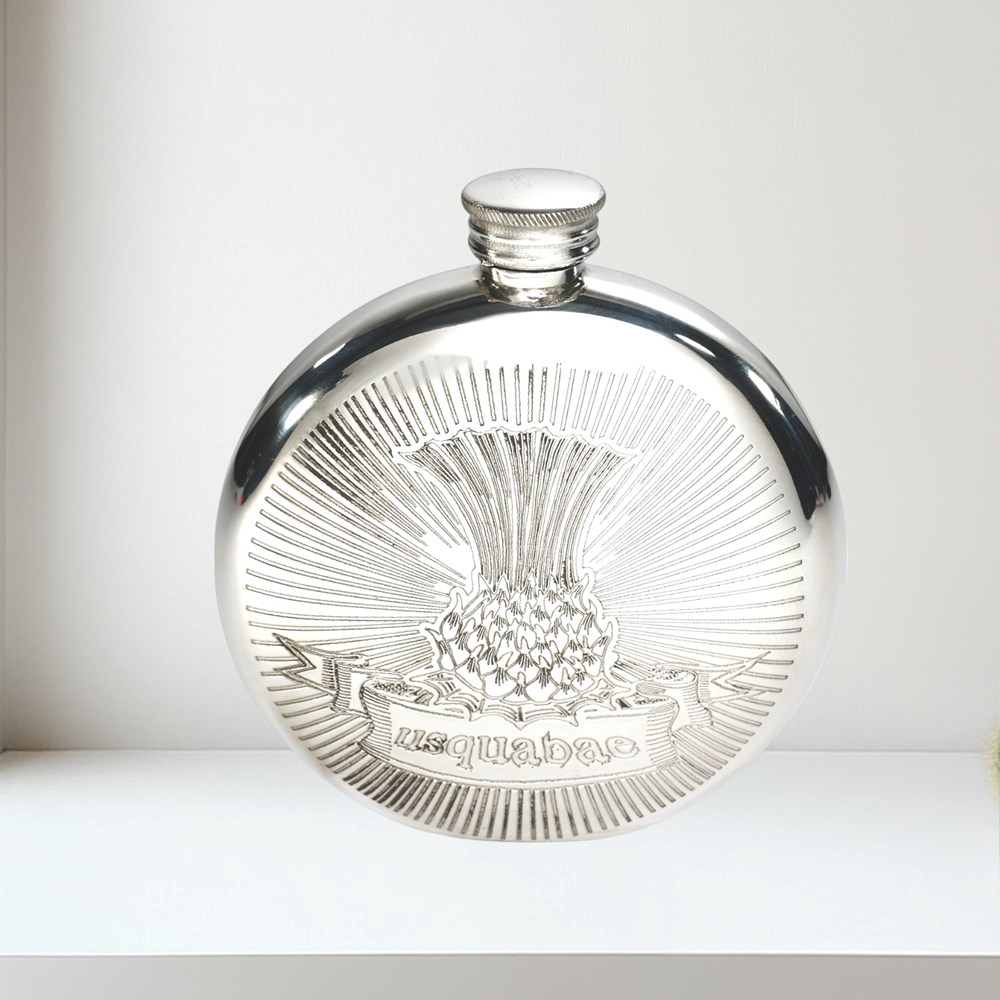 6oz Round Usquabae Single Thistle Pewter Flask 6oz Round Usquabae Single Thistle Pewter Flask