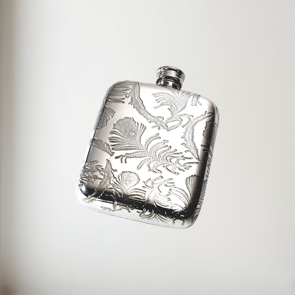 Peacock Pattern 4oz Pewter Pocket Flask Peacock Pattern 4oz Pewter Pocket Flask