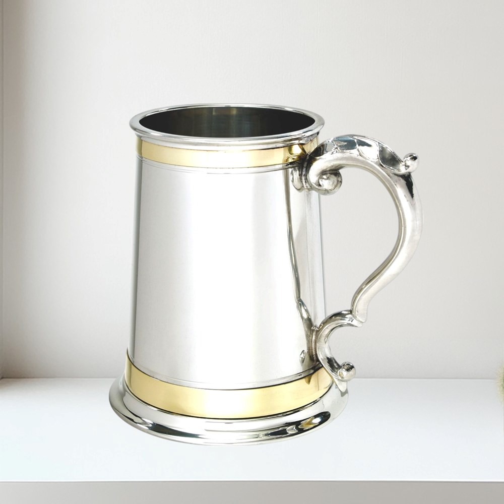 One Pint Double Brass Band Monarch Pewter Tankard A140 1 pint Double Brass Band Monarch Pewter Tankard