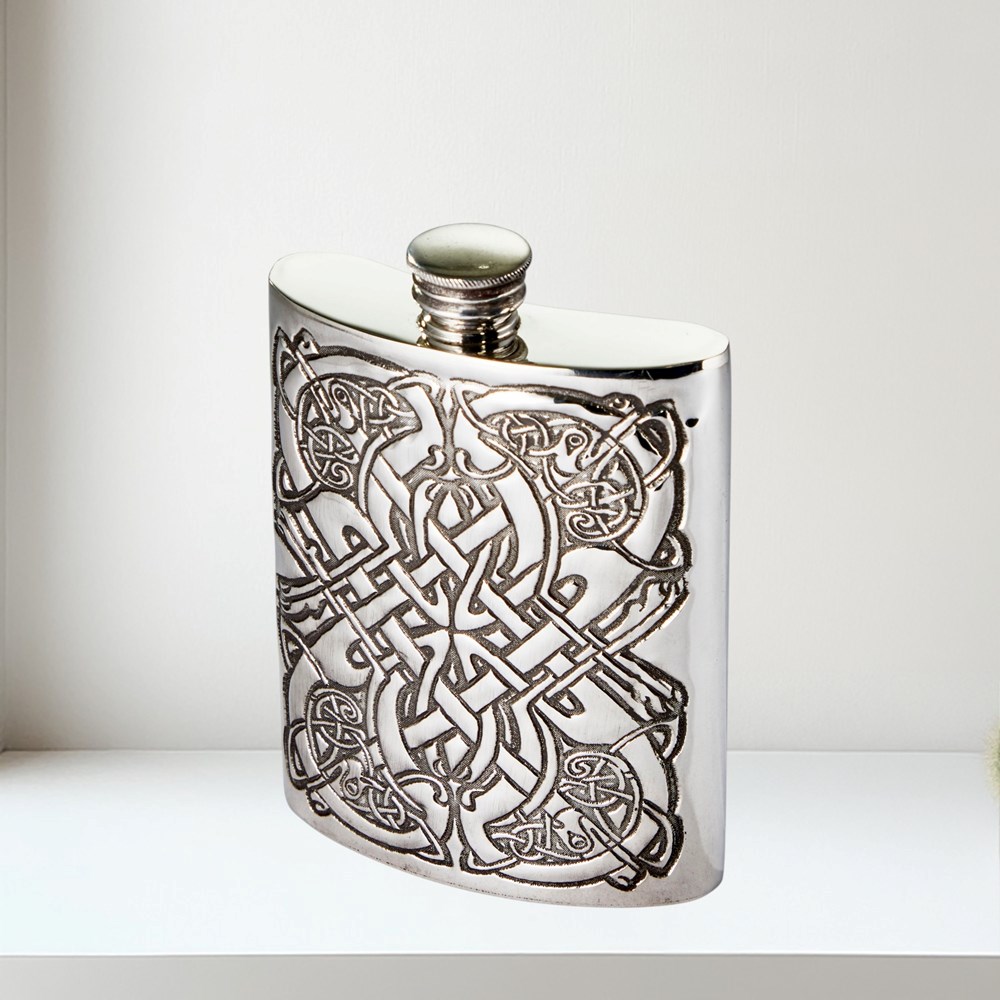 Heavy Embossed 6oz Celtic Pattern Flask 6oz Heavy Embossed Celtic Pewter Kidney Hip Flask