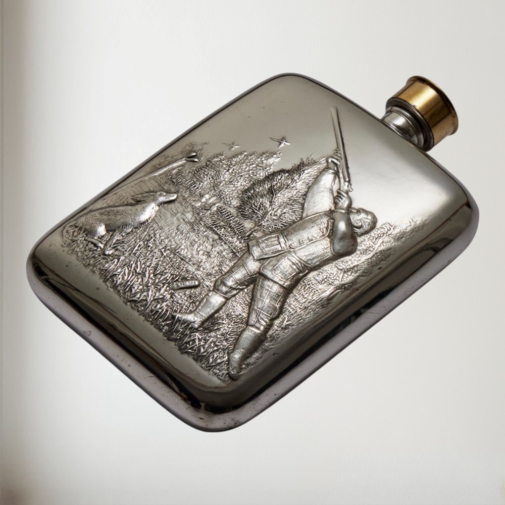 6oz Shooting Embossed Pewter Pocket Flask 6oz Shooting Embossed Pewter Pocket Flask